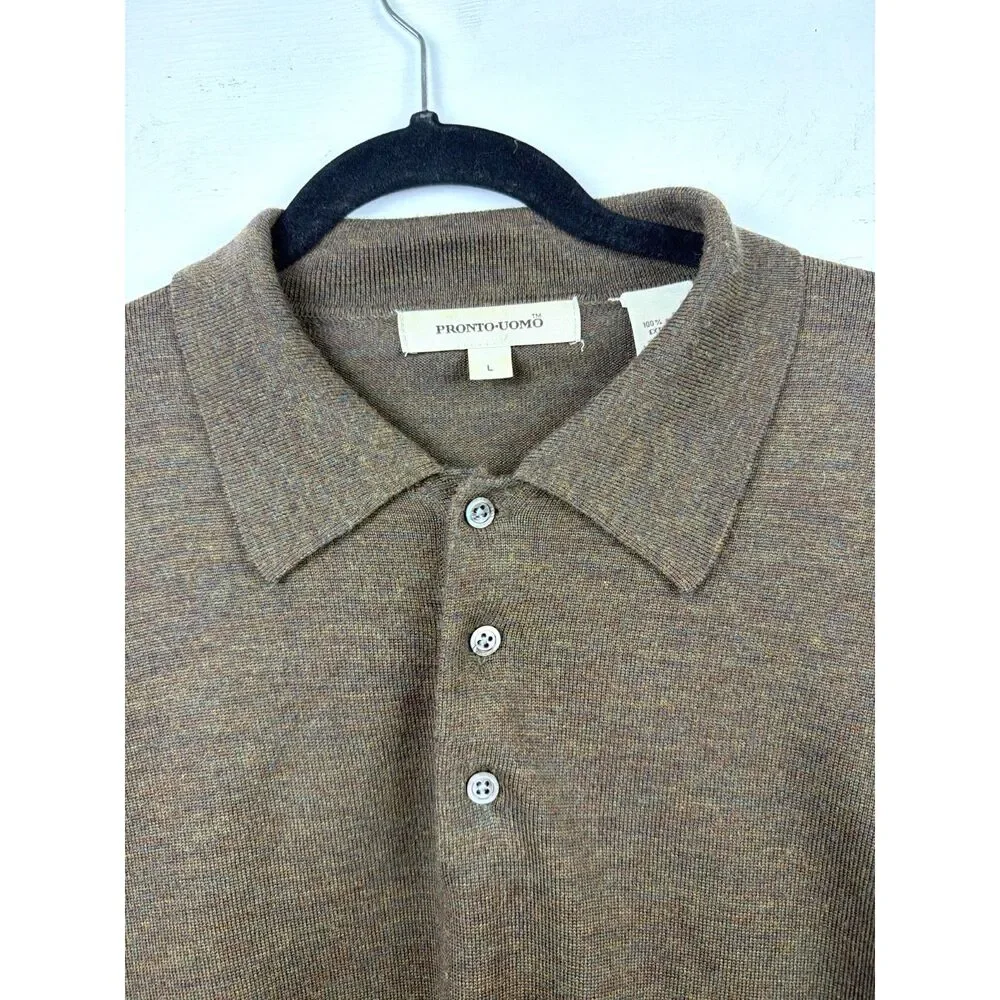 Pronto Uomo Extra Fine Merino Wool Polo Sweater Mens L Taupe Brown 3 Button
